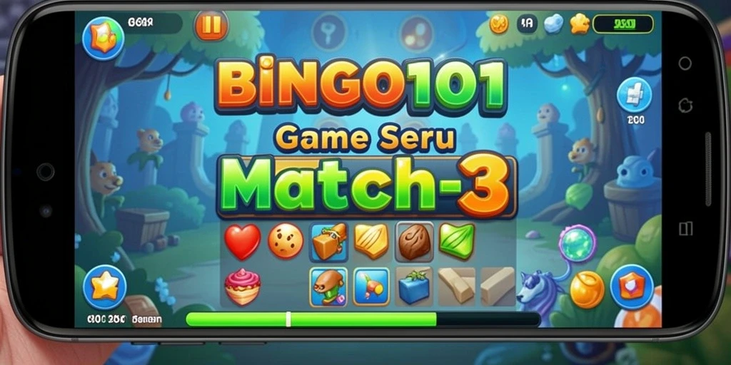 Tampilan aksi seru dalam permainan BINGO101 Match-3.