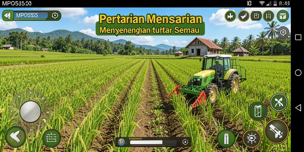 Tampilan gameplay MPO555 dengan ladang yang subur dan aktivitas bertani.