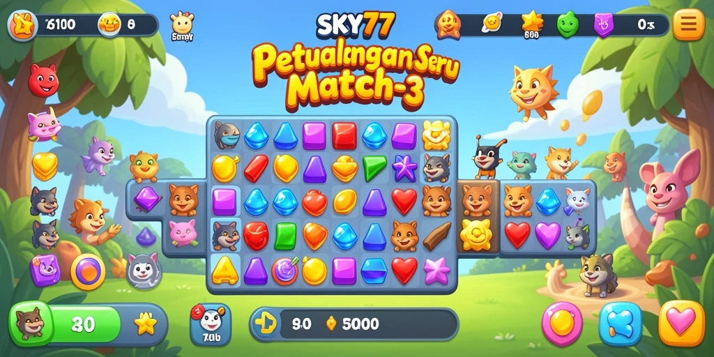 Screenshot SKY77 menunjukkan gameplay Match-3 yang penuh warna dan seru.